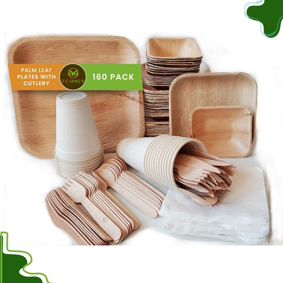 Rustic Palm Plates - 10", 7", 4.5" Compostable Dinnerware Set with Cutlery, Napkins & Heavy Duty Biodegradable Utensils