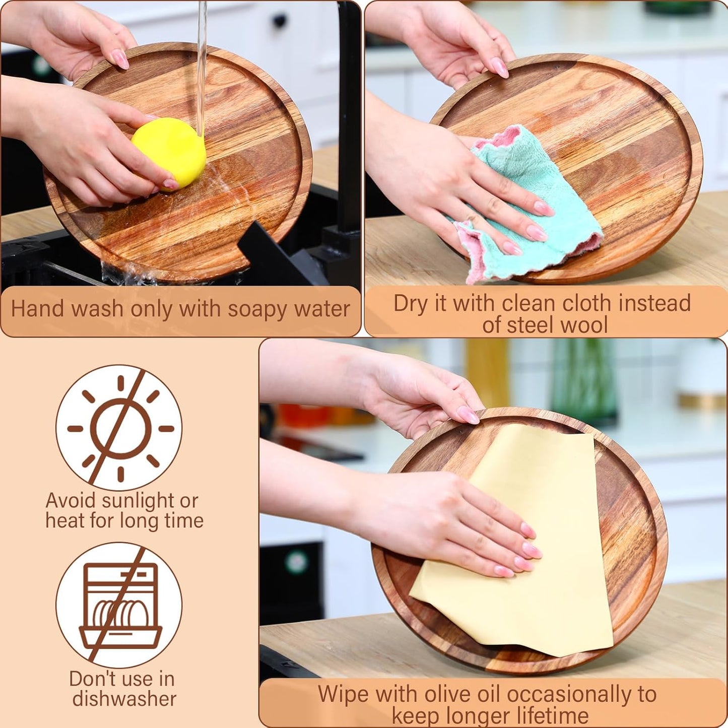 Roshtia Set of 15 round Acacia Wood Dinner Plates Natural Wooden Charger Plates Lightweight Classic Food Trays for Dish Snack Salad Dessert, 6 8 10 Inch, 5 of Each Size, Housewarming Christmas Gifts