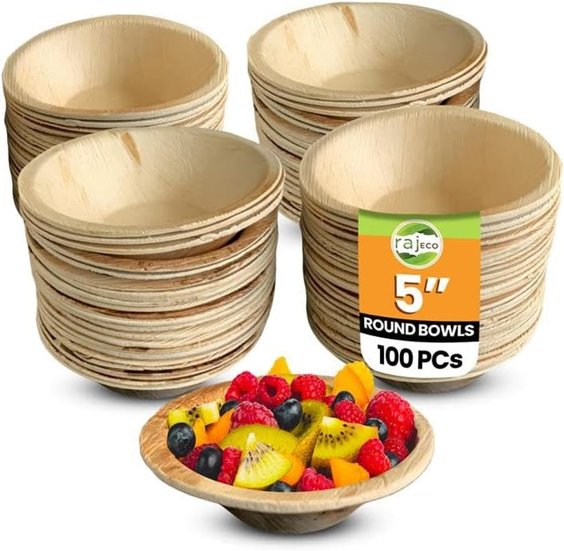Raj Disposable Palm Leaf Bowls (50 Count, 6" Bowls) Strong Bowl like Bamboo Party Bowl - Decorative Compostable Tableware for Lunch, Dinner, Birthday, Outdoor, BBQ, Picnic, Parties