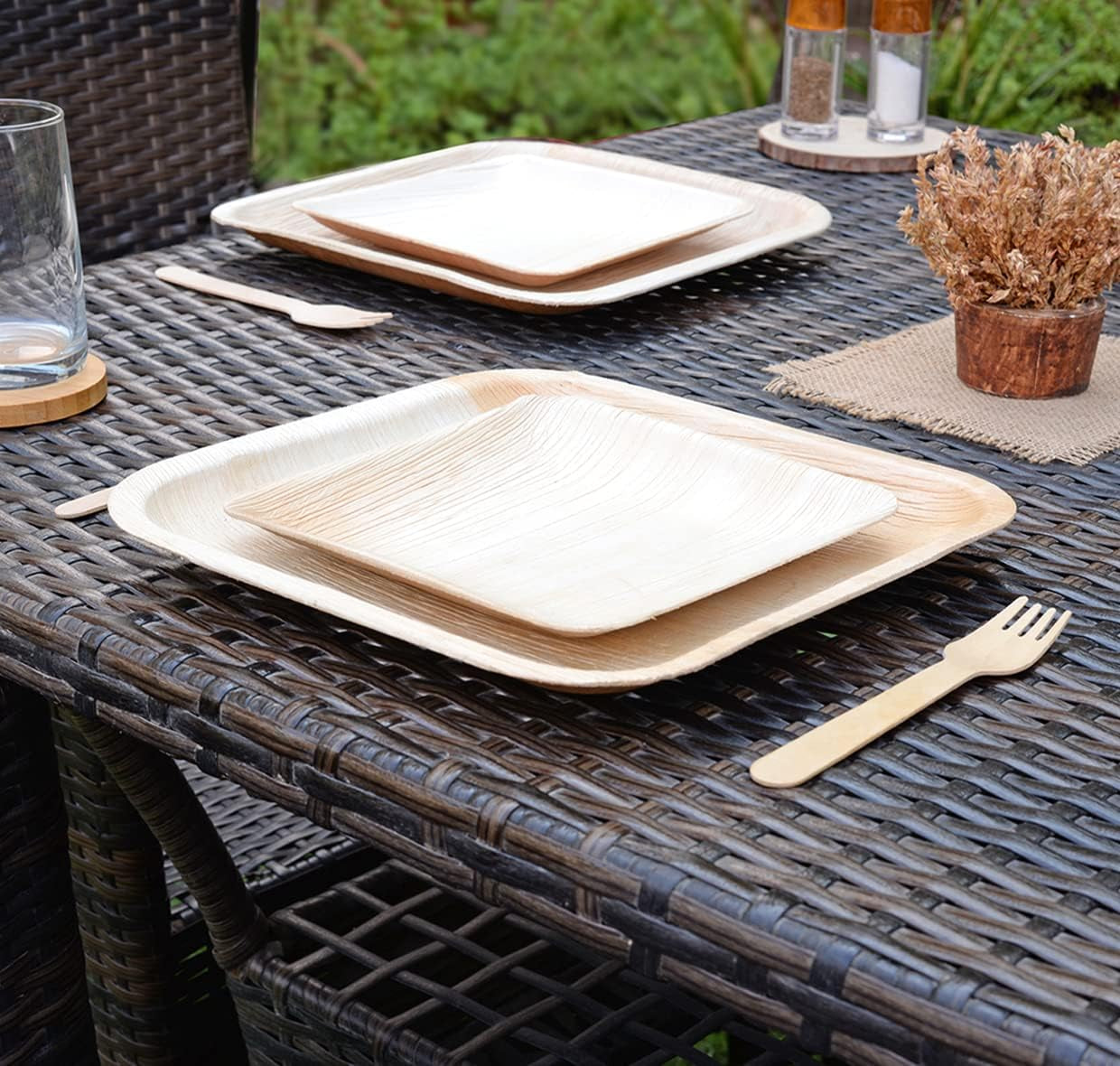 Ozonesafe (150 Pcs) Palm Leaf Plates Set – 25 X 10 and 25 X 7 Inch Square Plates, with 50 Forks and 50 Knives - Heavy Duty & Compostable - Better than Disposable Plates