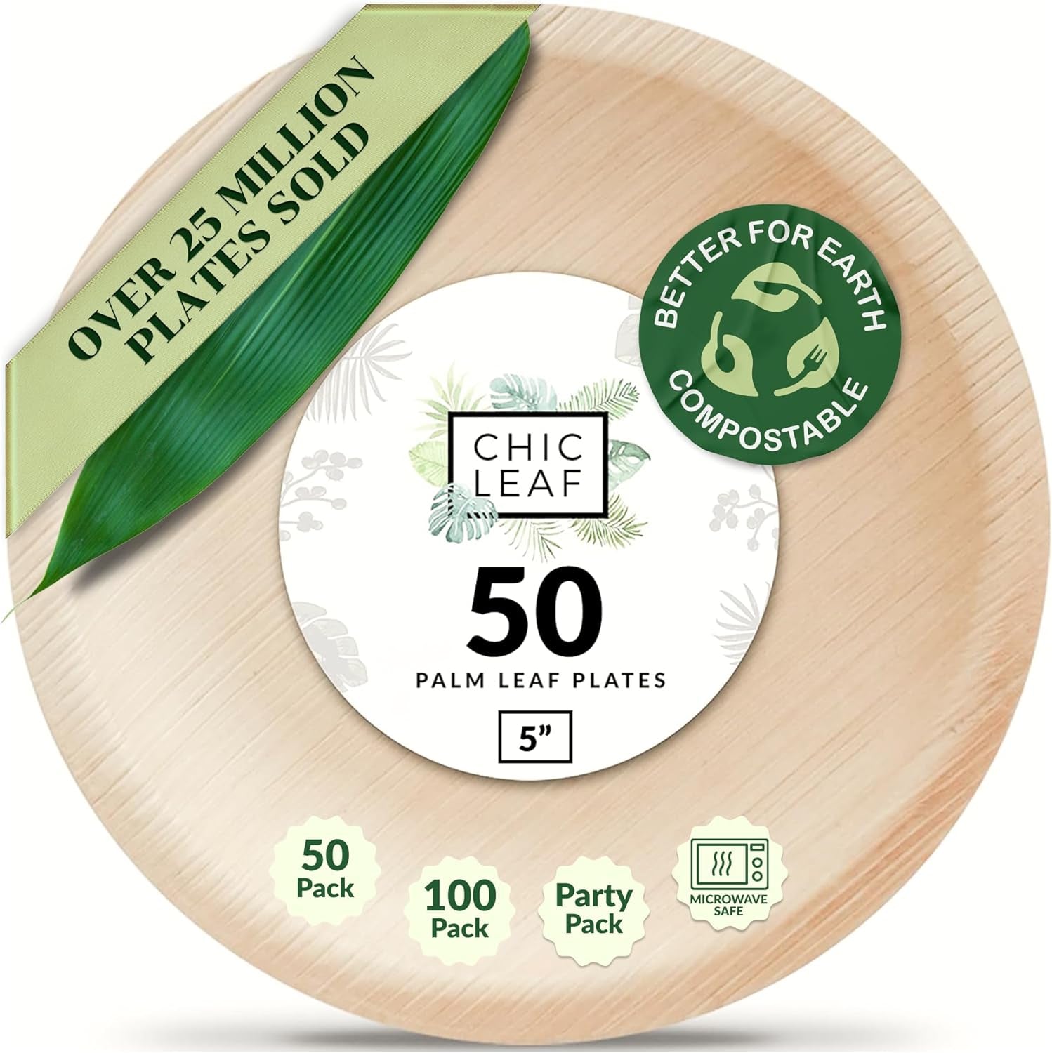 Chic Leaf Palm Leaf Disposable Bamboo Plates for 4Th of July Weddings, Parties & Events – Round, Biodegradable, Compostable, 48-Pack (10" & 6")