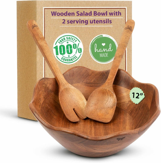 Melvvi Large Wooden Salad Bowl Set – 12" Acacia Wood Serving Bowl with 2 Utensils | Scratch-Resistant - for Salad, Pasta & Fruits | Great Fathers Day Gift for Kitchen & Dining (Natural Wooden)