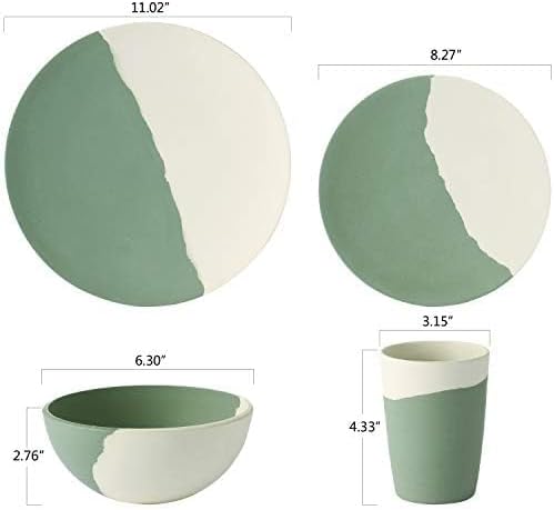 MORGIANA 8 Pcs Bamboo Dinnerware Set Reusable Plates Bowls Sets, Camping Picnic Dishes Tableware Set for 2 (Green & White)