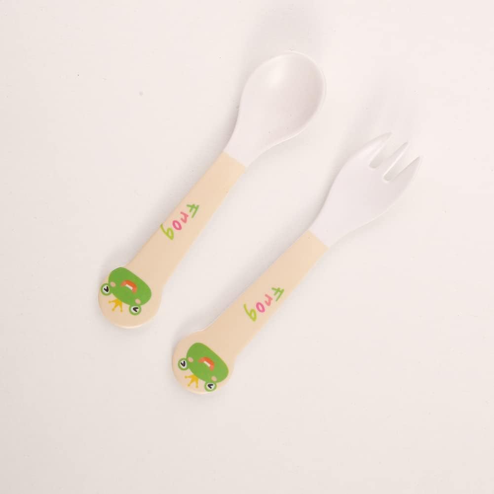 Kids Dinnerware Set Bamboo 5 Pcs with Plate Bowl Cup Fork Spoon (Frog)