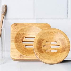 SUMAJU 4 Pcs Wooden Soap Holders Bathroom Soap Dish Natural Bamboo Soap Holder Square & Round Soap Dishes for Home Bathroom
