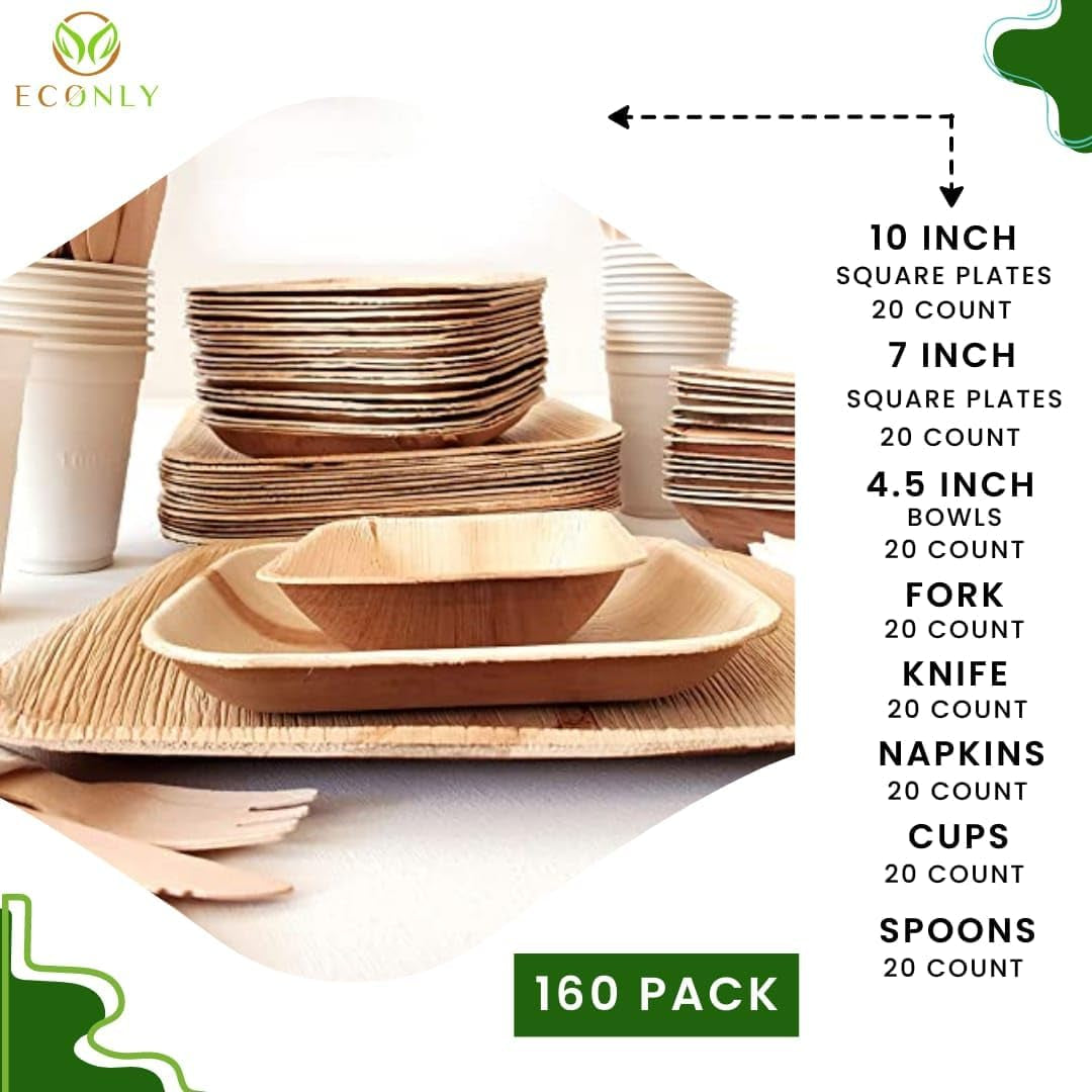 Rustic Palm Plates - 10", 7", 4.5" Compostable Dinnerware Set with Cutlery, Napkins & Heavy Duty Biodegradable Utensils