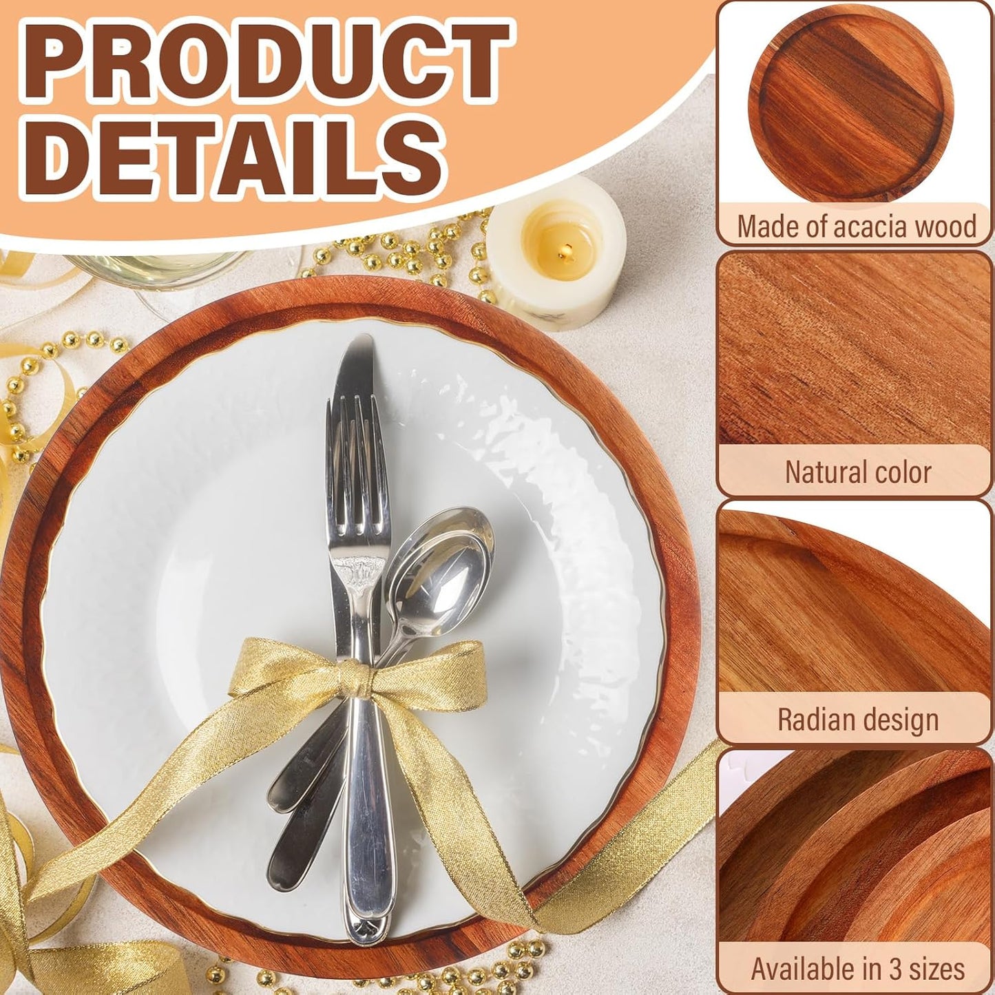 Roshtia Set of 15 round Acacia Wood Dinner Plates Natural Wooden Charger Plates Lightweight Classic Food Trays for Dish Snack Salad Dessert, 6 8 10 Inch, 5 of Each Size, Housewarming Christmas Gifts