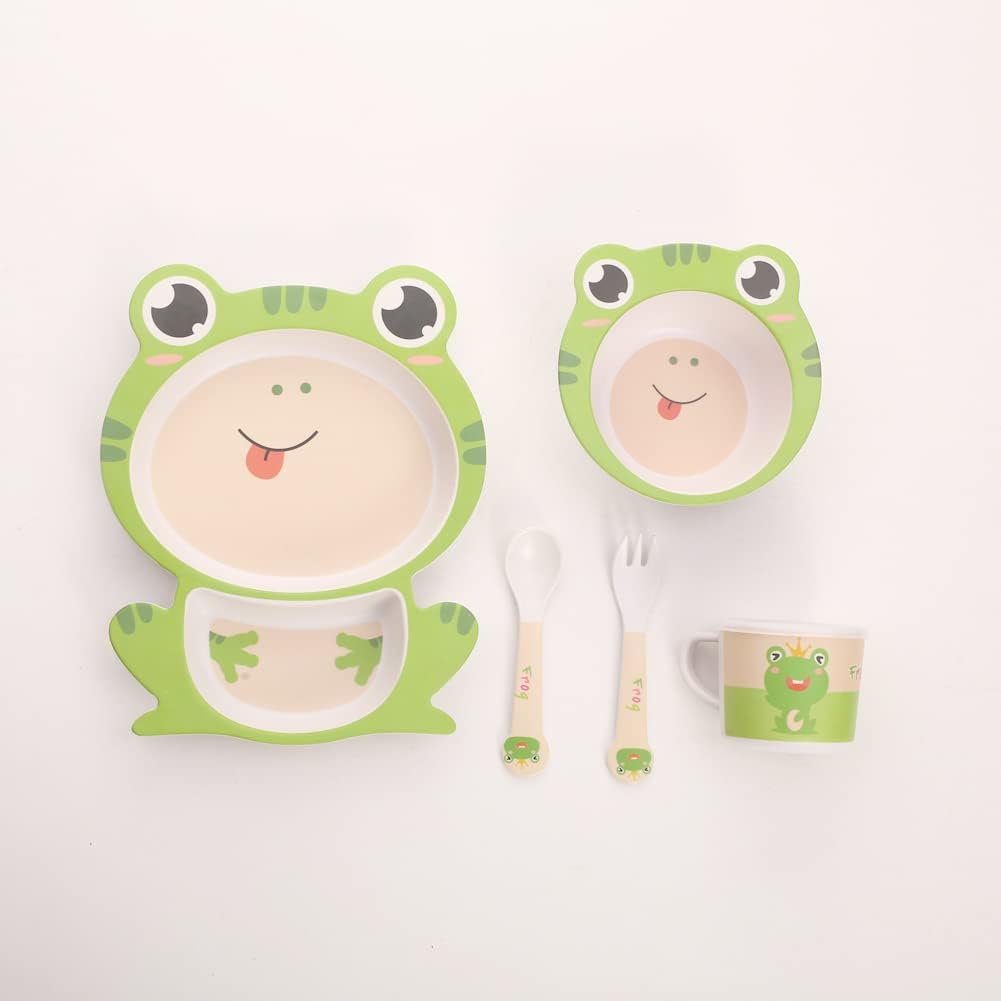 Kids Dinnerware Set Bamboo 5 Pcs with Plate Bowl Cup Fork Spoon (Frog)