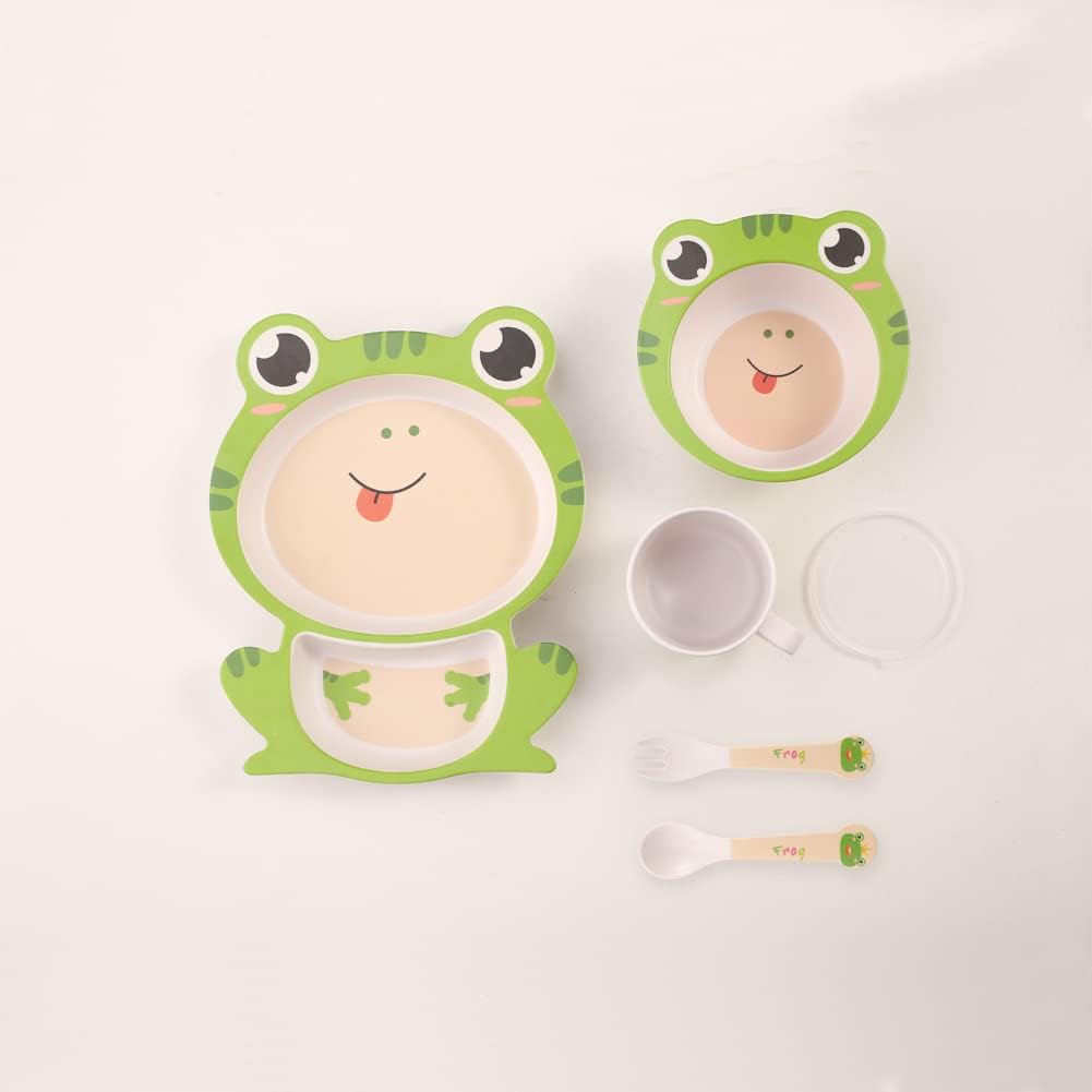 Kids Dinnerware Set Bamboo 5 Pcs with Plate Bowl Cup Fork Spoon (Frog)
