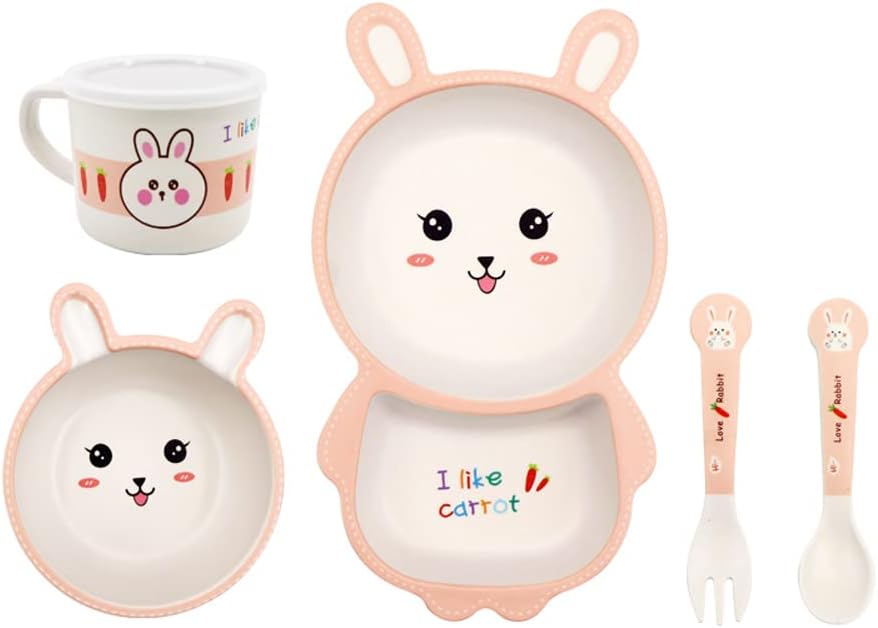 Bamboo Kids Dinnerware Set 5 Pcs Includes Plate Bowl Cup Fork Spoon Perfect for Kids Bpa-Free (Little Dinosaur)
