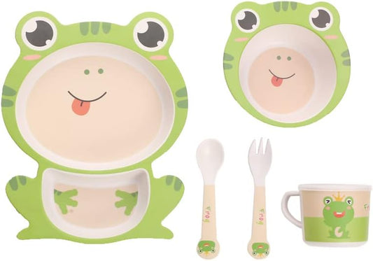 Kids Dinnerware Set Bamboo 5 Pcs with Plate Bowl Cup Fork Spoon (Frog)