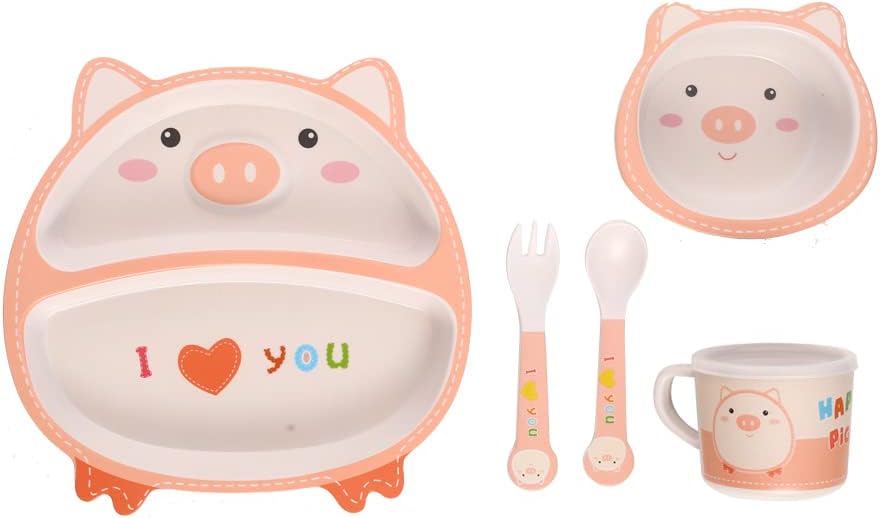Kids Dinnerware Set Bamboo 5 Pcs with Plate Bowl Cup Fork Spoon (Frog)