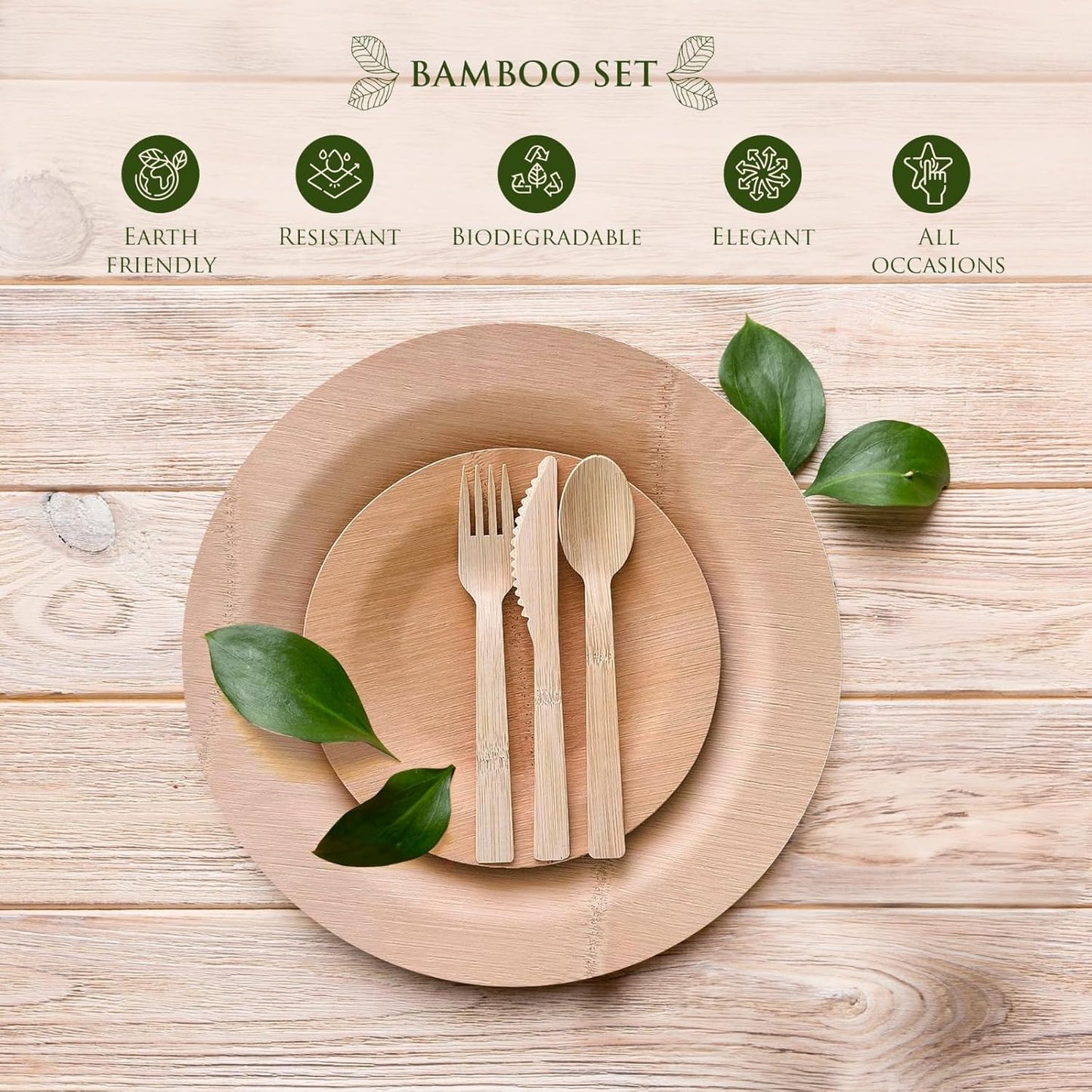 Eco-Friendly round Bamboo Reusable Plates Set - 125 Pieces Compostable Dinnerware, 11-Inch and 7-Inch Sizes for Summer Dishes