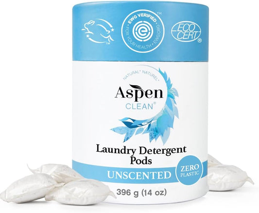 Unscented Laundry Pods by Aspenclean, New and Improved Packaging, Zero Plastic, EWG Verified™, Vegan, Non-Bio, Hypoallergenic Natural Laundry Detergent - 36 Count