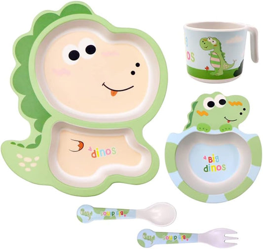 Bamboo Kids Dinnerware Set 5 Pcs Includes Plate Bowl Cup Fork Spoon Perfect for Kids Bpa-Free (Little Dinosaur)
