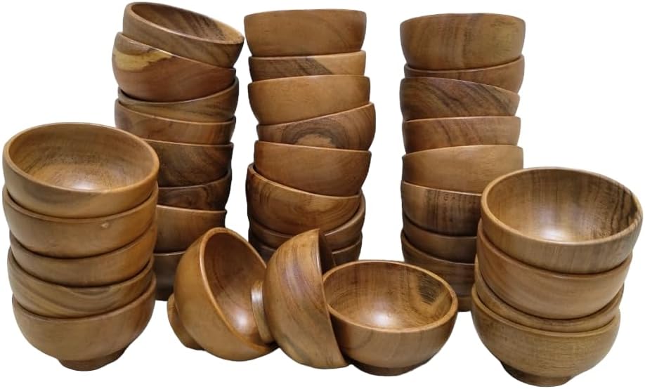 Set of 6 Acacia Wood Small Bowls, 4 Fl Oz 3.25 * 2 Inches | Hand Carved Wooden Kitchen Mini Cups for Dipping Sauce, Salsa, Prep, Salt & Condiments | Charcuterie Board Accessories