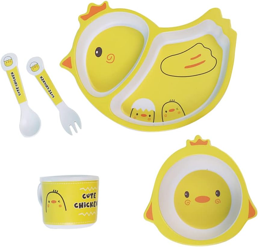 Bamboo Kids Dinnerware Set 5 Pcs Includes Plate Bowl Cup Fork Spoon Perfect for Kids Bpa-Free (Little Dinosaur)