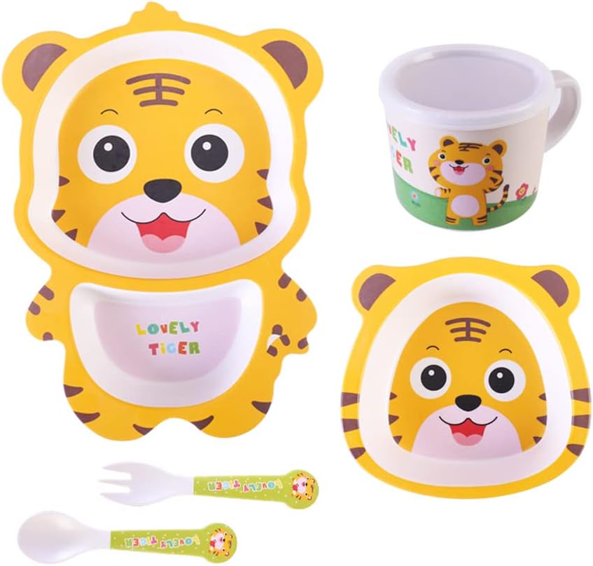 Bamboo Kids Dinnerware Set 5 Pcs Includes Plate Bowl Cup Fork Spoon Perfect for Kids Bpa-Free (Little Dinosaur)