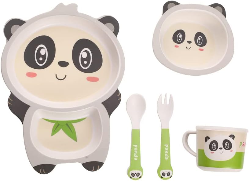 Kids Dinnerware Set Bamboo 5 Pcs with Plate Bowl Cup Fork Spoon (Frog)