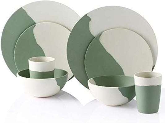 MORGIANA 8 Pcs Bamboo Dinnerware Set Reusable Plates Bowls Sets, Camping Picnic Dishes Tableware Set for 2 (Green & White)