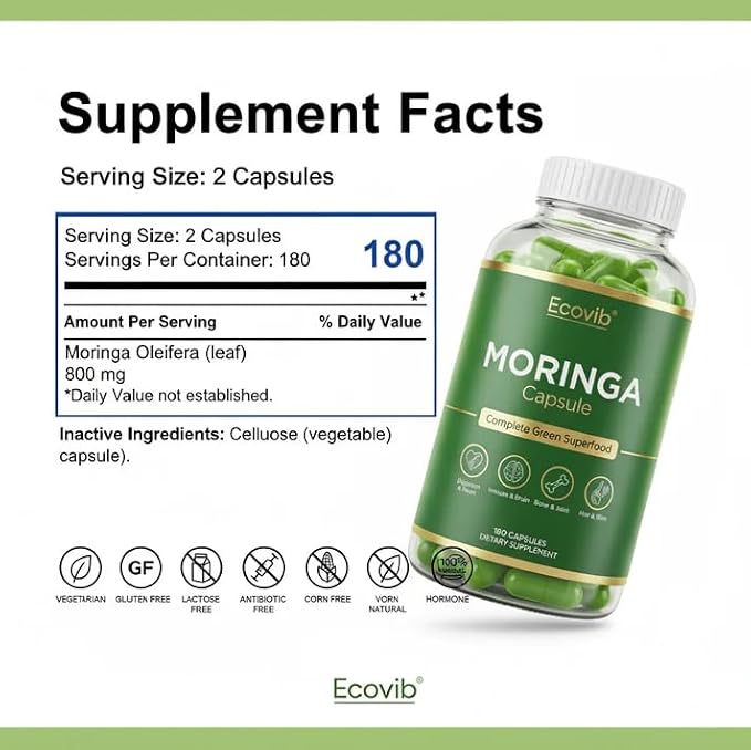 Ecovib Organic Moringa Capsules 600mg – Energy & Immune Support – 60 Vegetarian Capsules