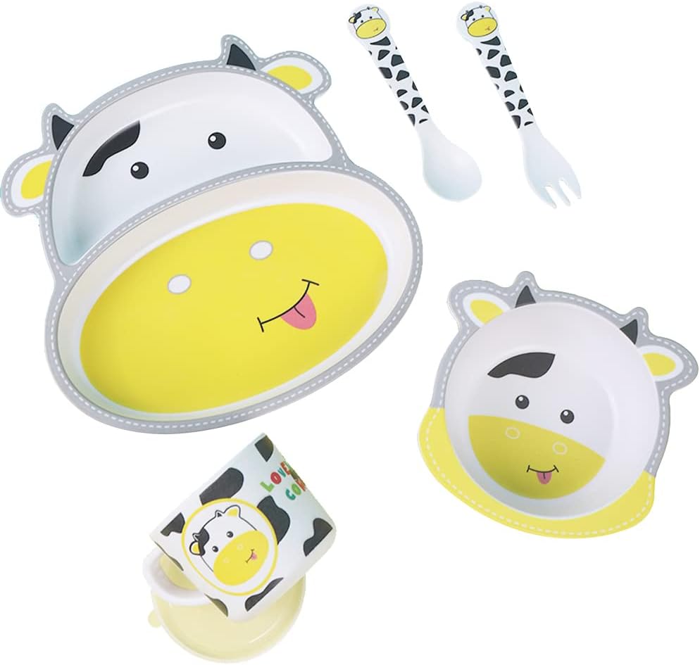 Bamboo Kids Dinnerware Set 5 Pcs Includes Plate Bowl Cup Fork Spoon Perfect for Kids Bpa-Free (Little Dinosaur)