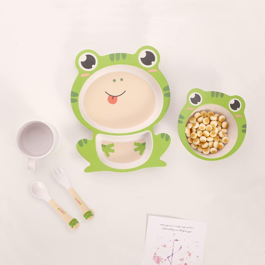 Kids Dinnerware Set Bamboo 5 Pcs with Plate Bowl Cup Fork Spoon (Frog)