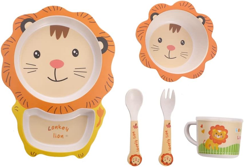 Kids Dinnerware Set Bamboo 5 Pcs with Plate Bowl Cup Fork Spoon (Frog)