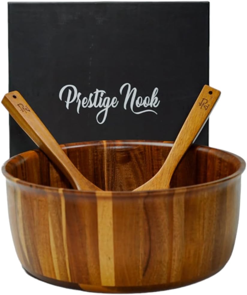 Extra Large Wooden Salad Bowl - 12“ X 5” Acacia Wood Serving Bowl with 2 Servers, Large Fruit Bowl for Food with Serving Utensils, Housewarming Wedding Christmas Gift