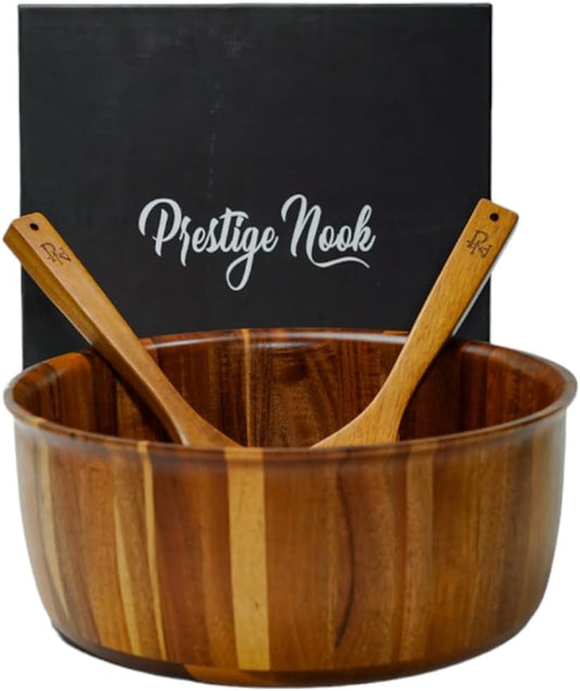 Extra Large Wooden Salad Bowl - 12“ X 5” Acacia Wood Serving Bowl with 2 Servers, Large Fruit Bowl for Food with Serving Utensils, Housewarming Wedding Christmas Gift