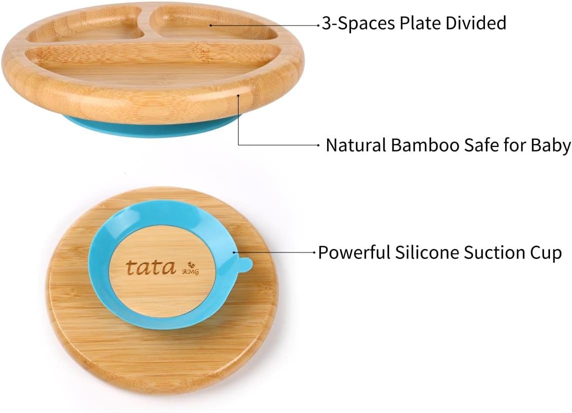 TATA AMG® Bamboo Suction Plate & Bowl with Fork and 2 Spoons | Divided Wooden Feeding Dish for Toddlers | Bpa-Free Baby Led Weaning (BLW) Utensil Set