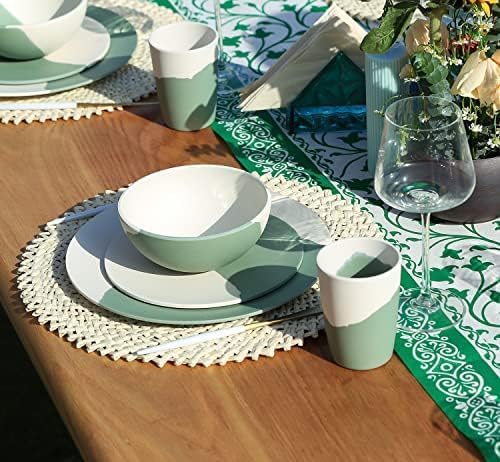 MORGIANA 8 Pcs Bamboo Dinnerware Set Reusable Plates Bowls Sets, Camping Picnic Dishes Tableware Set for 2 (Green & White)