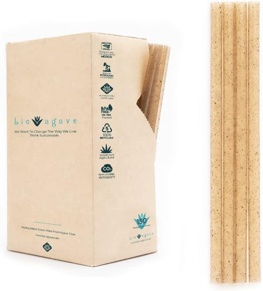 Biodegradable 8.25" Standard Straws Made From Agave Fibers 150 Pcs | Plant-Based Eco-Friendly Products |Reusable Straws | Plastic-Free | Gluten-Free