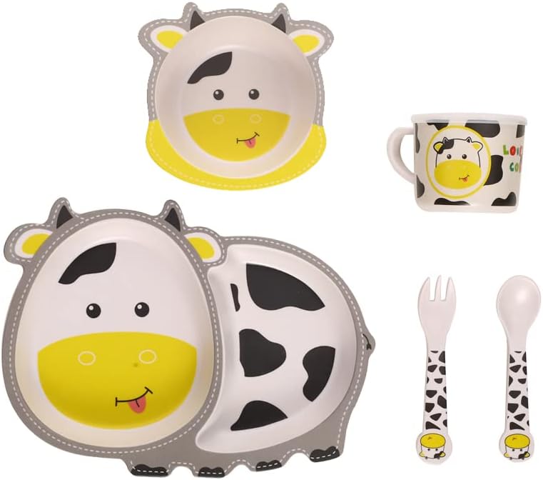 Kids Dinnerware Set Bamboo 5 Pcs with Plate Bowl Cup Fork Spoon (Frog)
