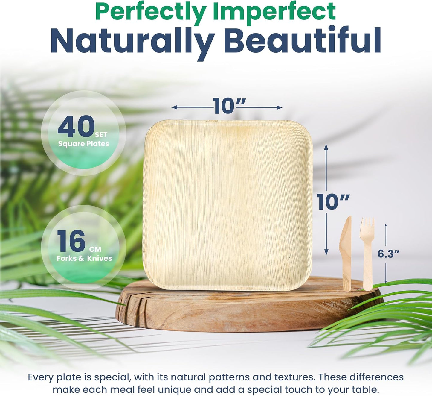 40 Disposable Plates (10 Inch) + 80 FREE Compostable Cutlery (40 Forks, 40 Knives) | Heavy Duty Party Plates | Biodegradable, Eco-Friendly, Alternative to Bamboo, Wood, Paper, Plastic