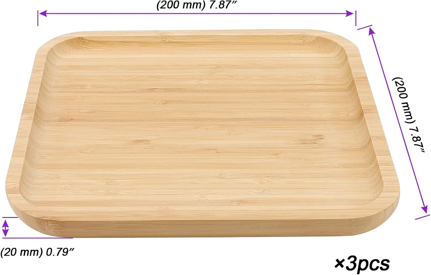 JOIKIT 3 Pack 8 Inch Bamboo Platter, Fine Polished Sqaure Wood Dinner Plates Bamboo Serving Tray for Holding Fruit, Bread, Cheese, Nut, Coffee, Tea, Plant Saucer