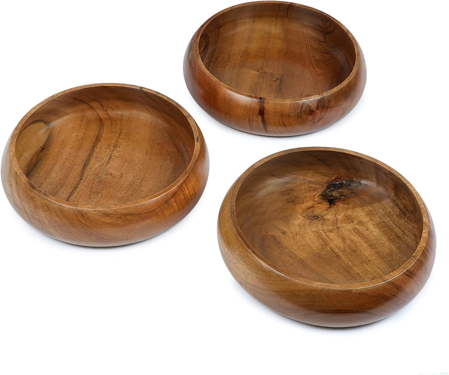 Acacia Wooden Salad Bowls Set of 2, Large Individual Bowls 8 X 2 Inches (25 Oz) with Food Safe Wood Coating | Jointless Plates Type Wood Bowl for Food
