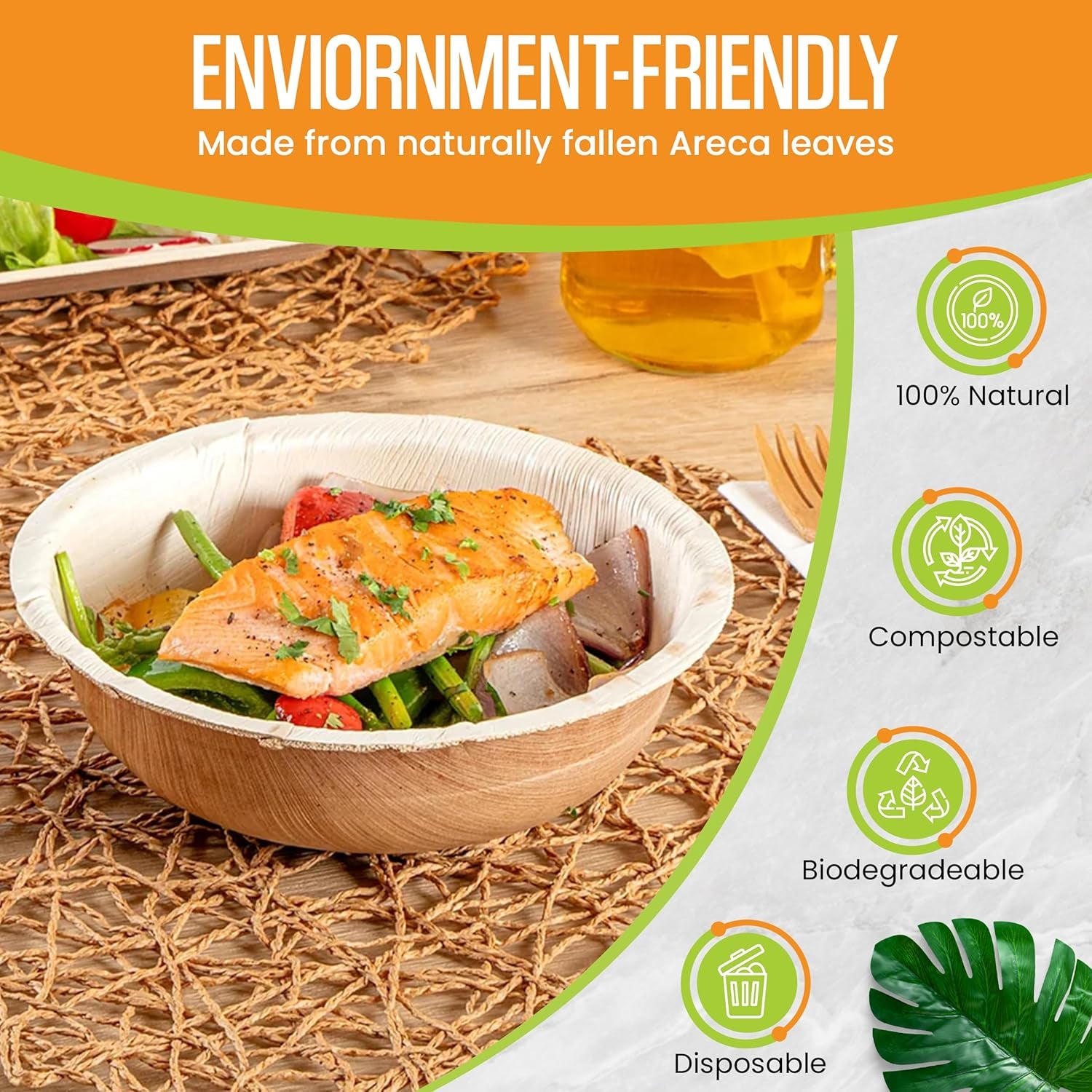 Raj Disposable Palm Leaf Bowls (50 Count, 6" Bowls) Strong Bowl like Bamboo Party Bowl - Decorative Compostable Tableware for Lunch, Dinner, Birthday, Outdoor, BBQ, Picnic, Parties