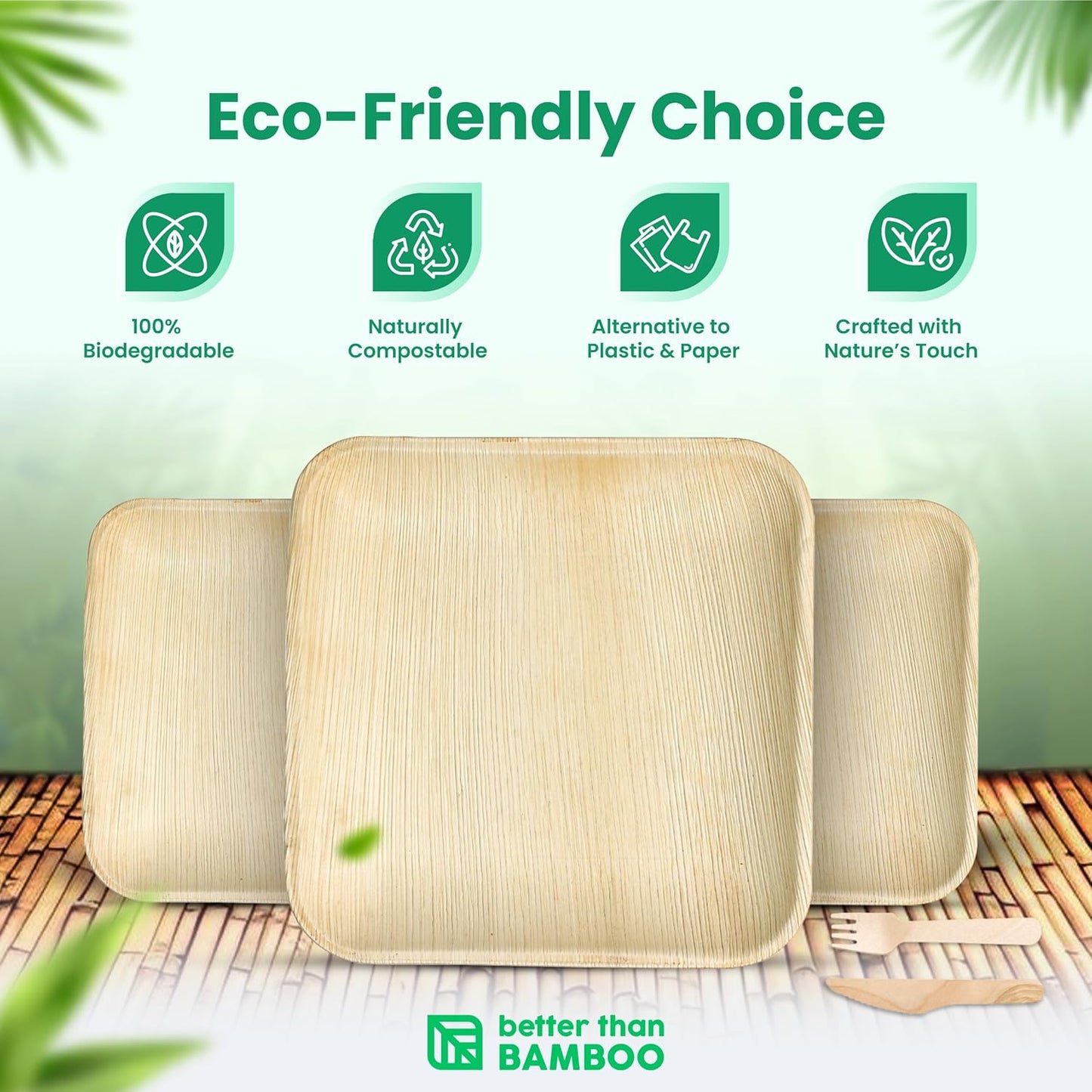 40 Disposable Plates (10 Inch) + 80 FREE Compostable Cutlery (40 Forks, 40 Knives) | Heavy Duty Party Plates | Biodegradable, Eco-Friendly, Alternative to Bamboo, Wood, Paper, Plastic