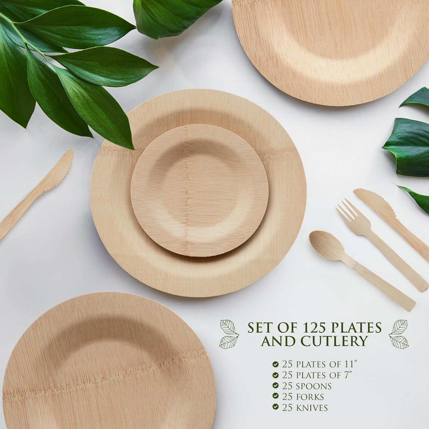 Eco-Friendly round Bamboo Reusable Plates Set - 125 Pieces Compostable Dinnerware, 11-Inch and 7-Inch Sizes for Summer Dishes