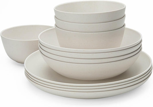 LEHAHA Bamboo White Kitchen Plates and Bowls Set, 12 Piece Non-Breakable Melamine Dinnerware Sets, Eco-Friendly Dishes Sets for 4, 12 Piece Reusable Tableware Set for Outdoor Dining, Patios, Rvs, BBQ