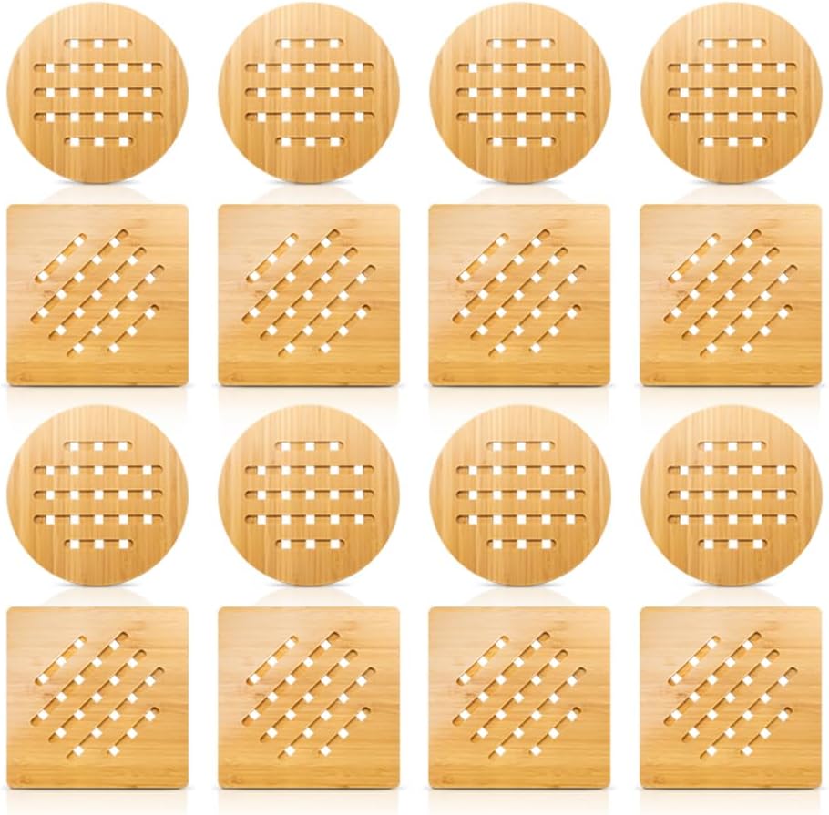 Bamboo Trivet Kitchen Bamboo Hot Pads Trivet Natural Bamboo Trivet Mat Set for Hot Dishes/Pot/Bowl/Teapot/Hot Pot Holders 2 Square 2 Roundness 1 Storage Rack