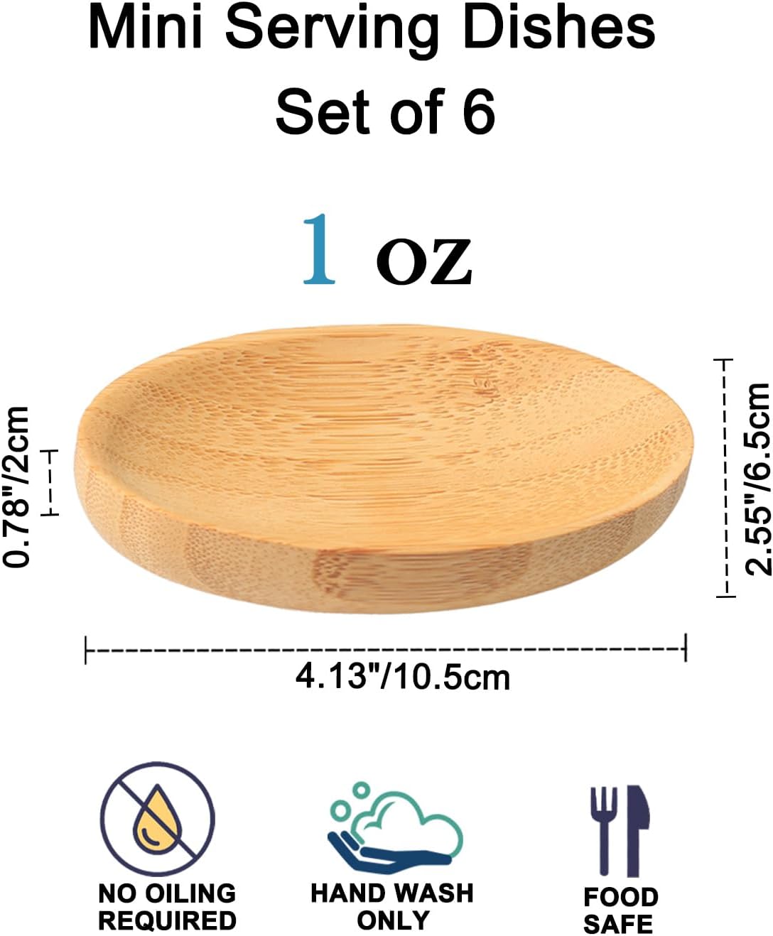 Mini Serving Dishes, Bamboo Small Appetizer Plates for Desserts/Charcuterie/Snacks, Dipping Sauce Bowls Set for Condiments/Spice/Tomato Sauce, Mini Sushi Plates, 1 Oz 6 Pcs