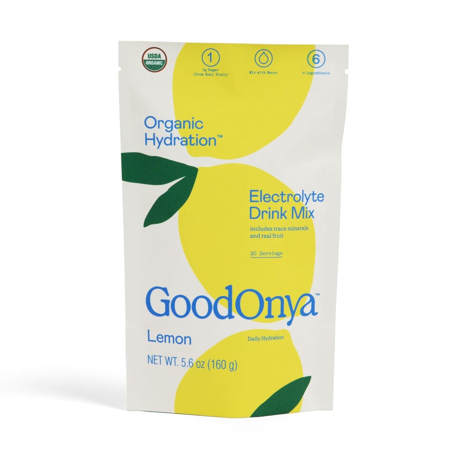 GOODONYA Organic Hydration Electrolyte Drink Mix, Certified Organic Hydration Powder, Non-Gmo, Biochecked Glyphosate Free, Low Sugar, Lemonade Flavor, No Artificial Flavors, 20 Servings