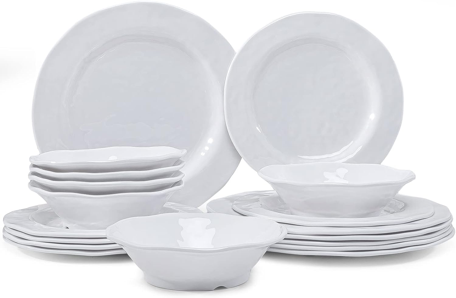 LEHAHA Bamboo White Kitchen Plates and Bowls Set, 12 Piece Non-Breakable Melamine Dinnerware Sets, Eco-Friendly Dishes Sets for 4, 12 Piece Reusable Tableware Set for Outdoor Dining, Patios, Rvs, BBQ