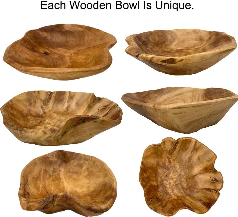 OUEEGER Wood Salad Bowl(10"-12"), Handmade Natural Root Wooden Decoration, Crafts Bowl Serving for Fruit, Snack, Food