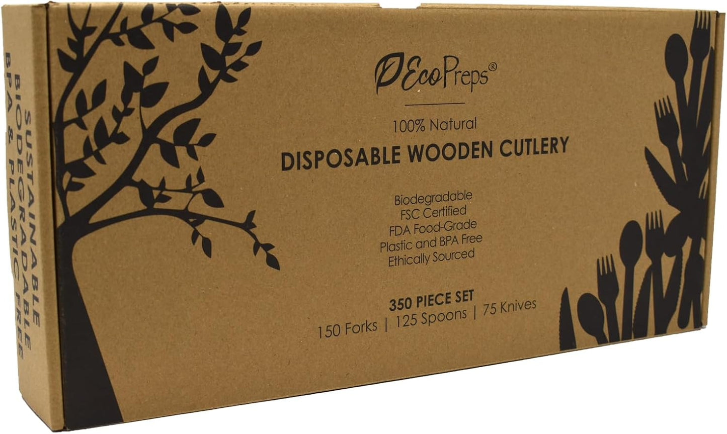 100% Compostable Wooden Cutlery Set (360 PCS - 150 Forks, 125 Spoons, 85 Knives) Eco-Friendly, Natural, Biodegradable Disposable Utensils Set | Birch Wood Disposable Forks, Knives, and Spoons