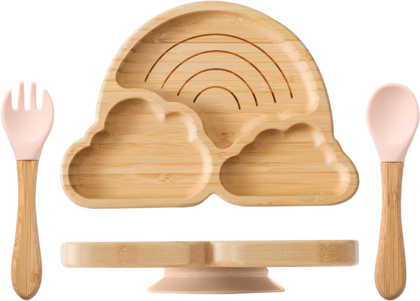 Bamboo Suction Plates Bowls Set for Baby Toddler Divided Platter Food Bowl with Silicone Fork & Spoon All-Natural Baby Feeding Set for Baby-Led Weaning, Non-Slip Design