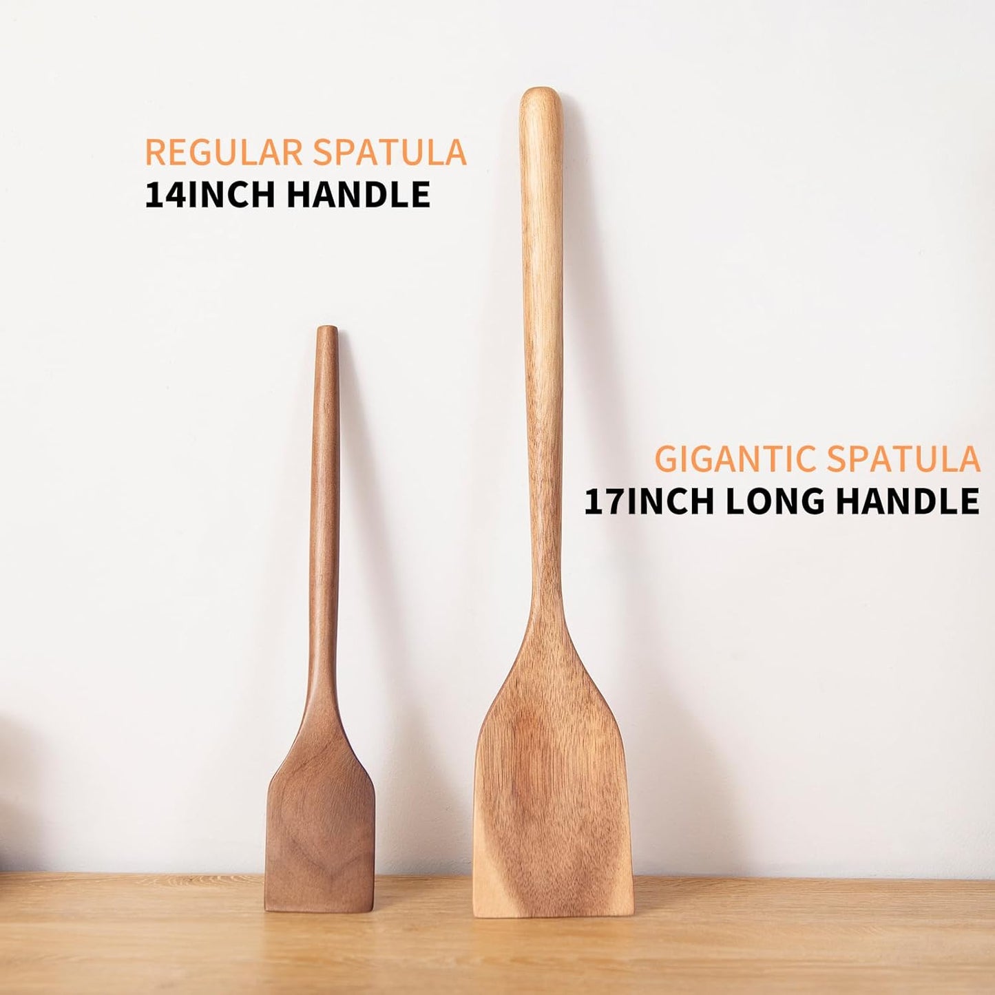 2PCS Long Handle Gigantic Spatula Spoon Premium Acacia Wooden Spoons for Cooking 17''Large Soliod Wooden Cooking Spoons Smooth Finish in Large Style Cooking Kitchen Utensil Set