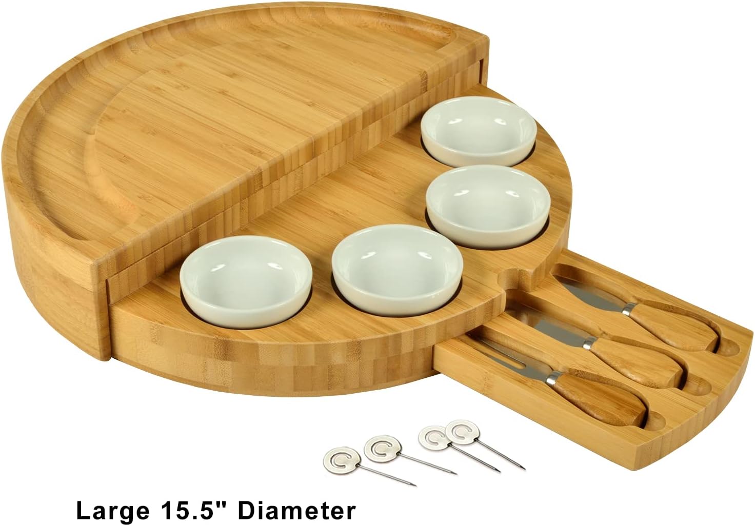 Picnic at Ascot Deluxe Bamboo Cheese/Charcuterie Board with Accessories & Cheese Markers - Innovative Patented Design - Quality Assured in the USA